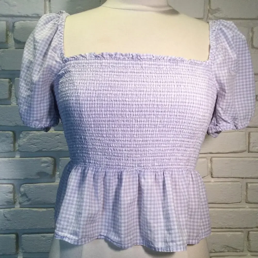 J. Crew Square-neck Smocked Gingham Crop Top M